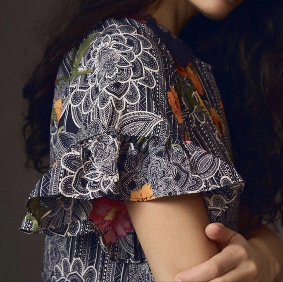 Anthropologie Maeve Ruffle-Sleeve Floral Midi Dress Navy Size Small NWOT - Picture 3 of 4